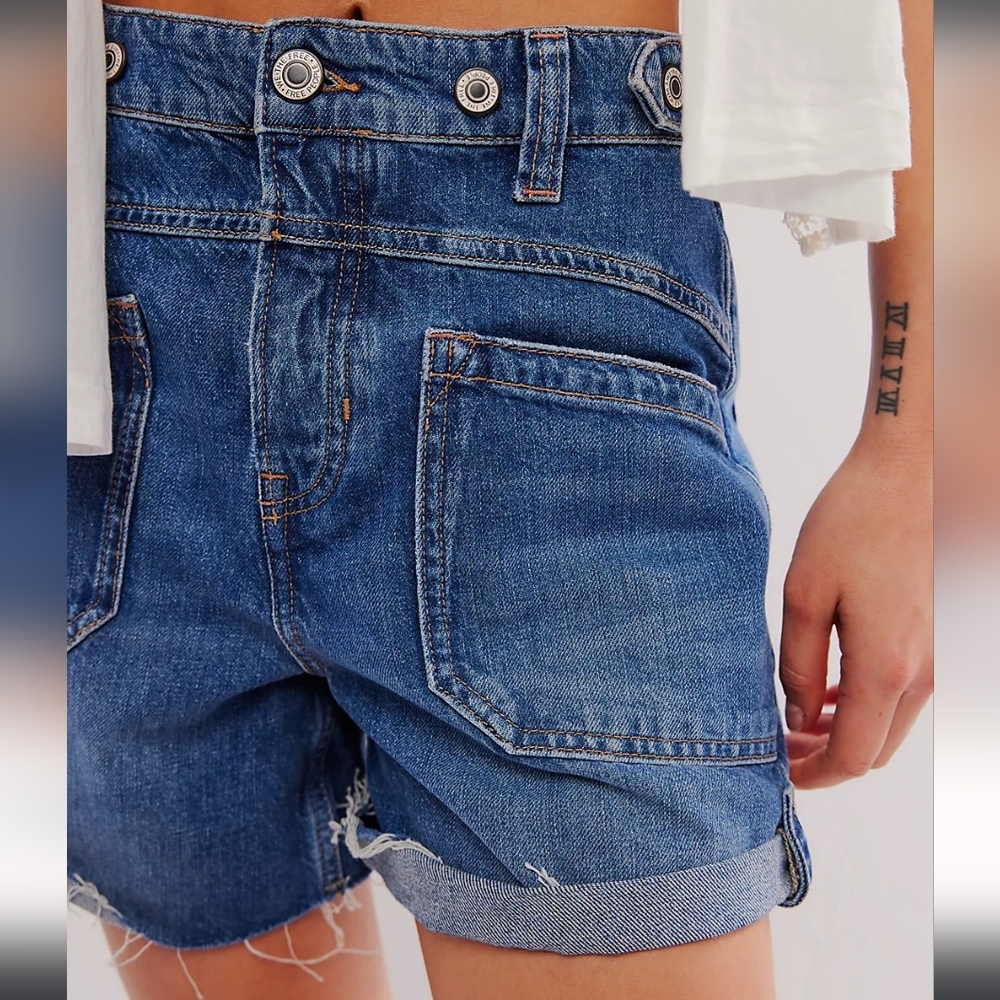Free People Blue High-Rise Rolled Hem Jean Shorts
